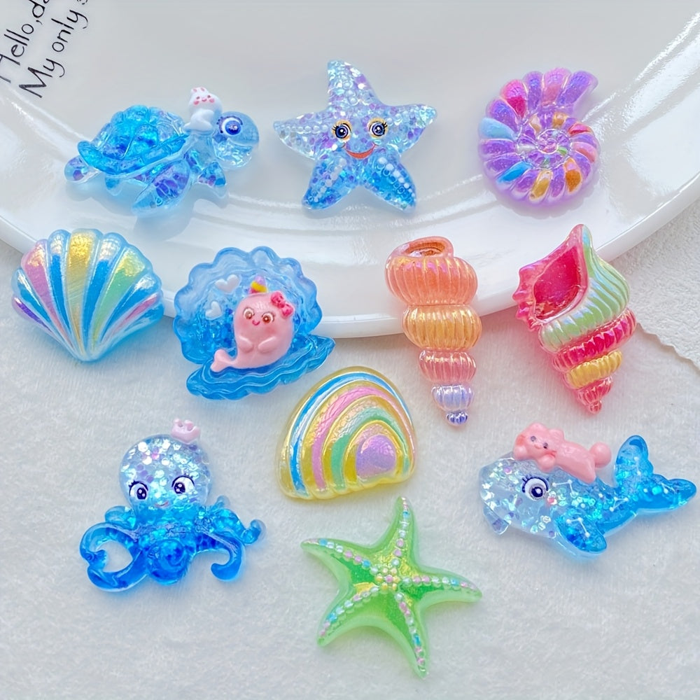 TEMU 10pcs Vibrant Ocean-themed Resin Figurines - Turtle, Octopus, Starfish, Whale, Mermaid & Seashell Charms For Scrapbooking, Diy, Weddings,
