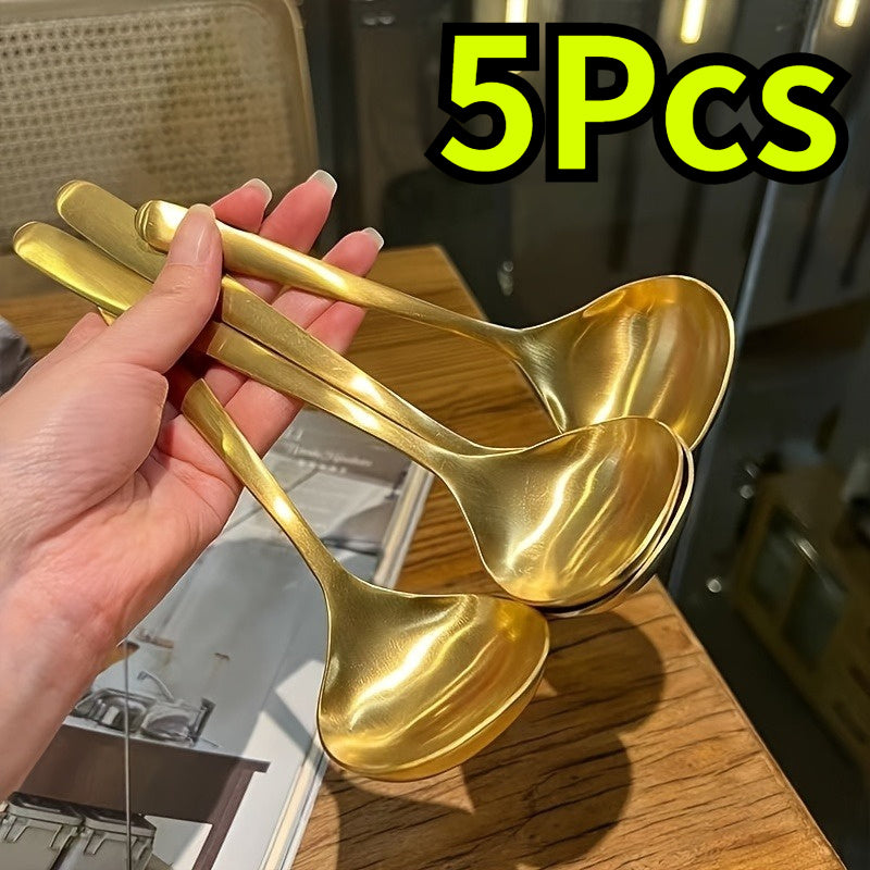 TEMU 5pcs Golden Stainless Steel Large Spoons With Long Handles - Thickened Commercial Grade 304 For Hot Pot, Soup, - & Dining Utensils, Spoon For