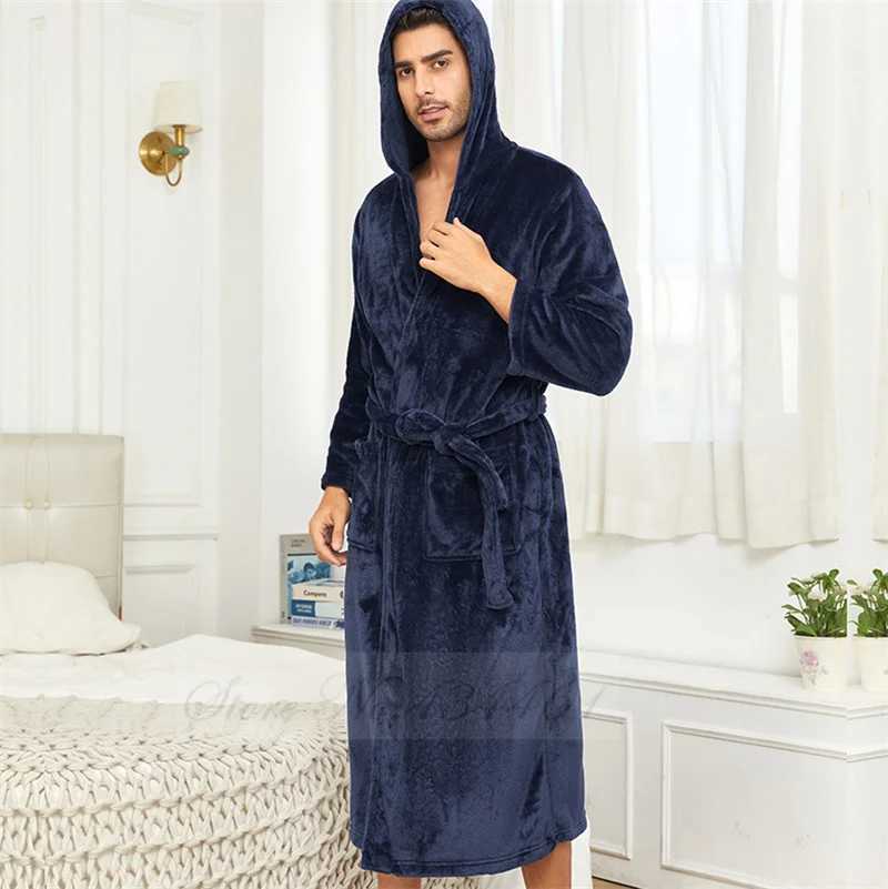 Winter Thicken Flannel Mens Long Robe Hooded Kimono Bathrobe Gown Warm Coral Fleece Sleepwear Lounge Wear Loose Home Clothes Y240919