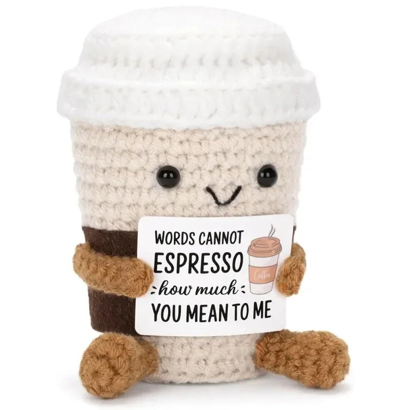 TEMU Funny Crochet Emotional Support Coffee Doll With Card Desktop Ornament Handmade Knitted Coffee Dolls Christmas Gifts Home Decor, Holiday Gifts,