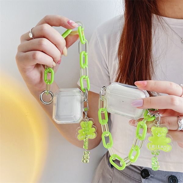 ddmygifts Diamond grass green teddy bear chain suitable for Pro2-3 generation Bluetooth wireless headphone cover, cute A