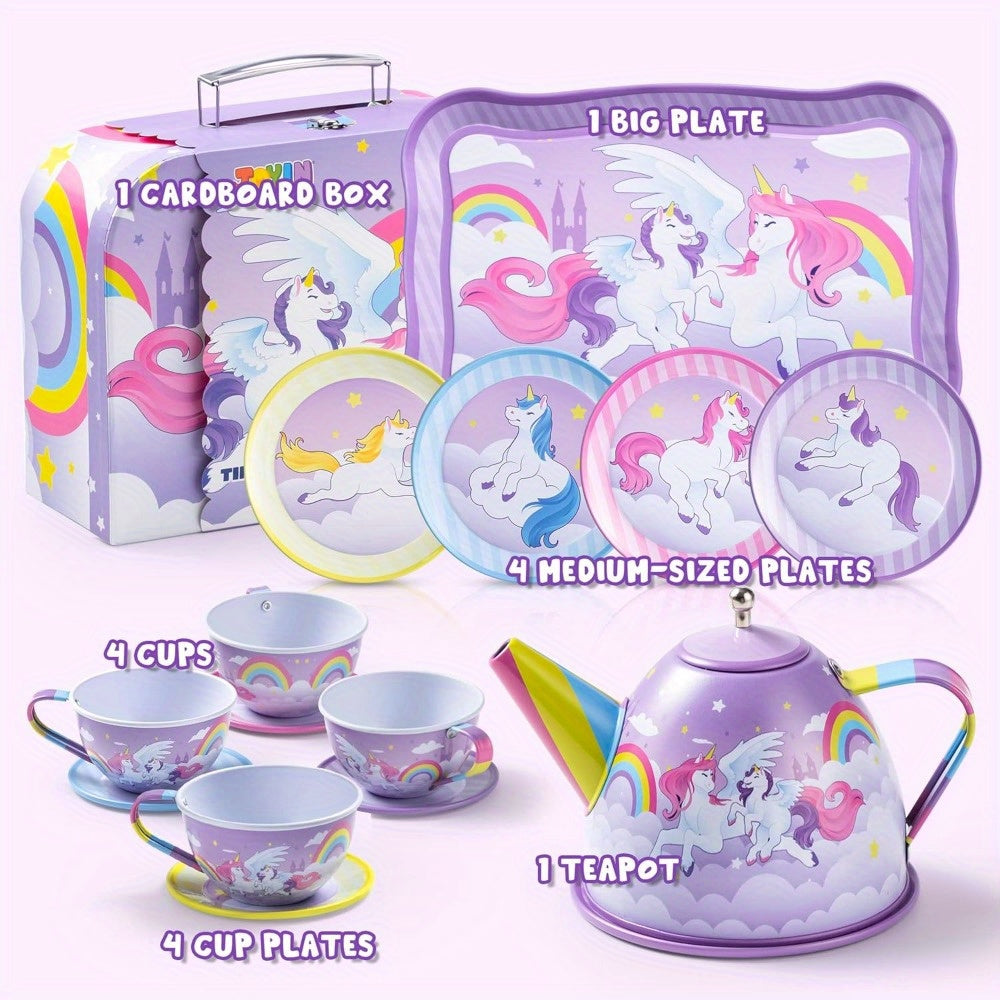 TEMU 15pcs Unicorn Tea Party Set For Kids, Dress Up & Pretend Play, Pretend Purple Tin Teapot Set, Princess Play Kitchen Toy With Teapot, Cup, Plate,