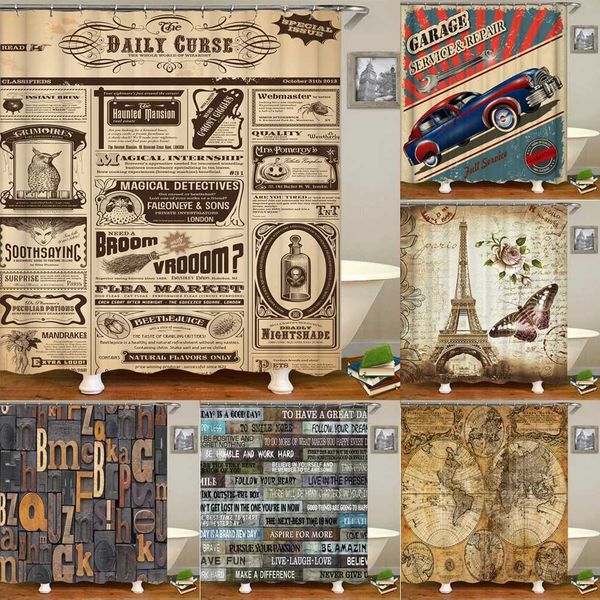 Funny Retro Vintage Car Shower Curtains Waterproof Bathroom Curtain Cool Old Newspaper Bath Curtain High Quality Shower Curtain M240824