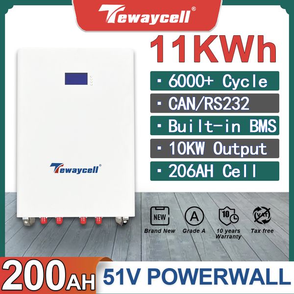 Tewaycell 48V 200Ah Powerwall LiFePO4 Battery Pack 10KWh Power 6000Cycle Buitl-in BMS CAN RS485 Monitor Solar System EU Tax Free