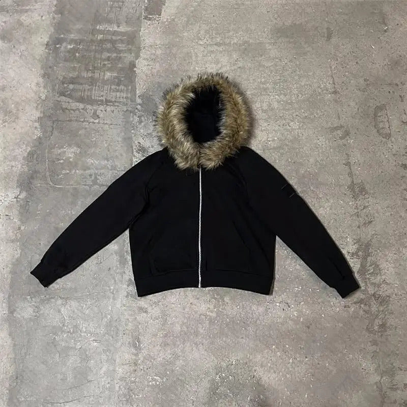 Y2K Zip up hoodie Faux Fur Collar Harajuku Rock Goth Top Retro Punk Loose Jacket Hip Hop Streetwear Zipper Hoodie sweatshirt EMO 241228