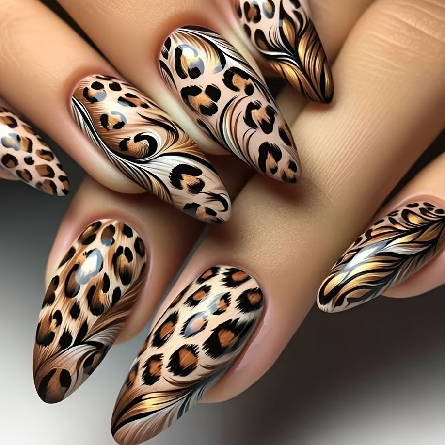 TEMU 24pcs Long Almond-shaped Press-on Nails Set, Leopard Print & Colorblock Design, Glossy Finish, Mixed Brown Tones, Fashionable Autumn-winter Fake