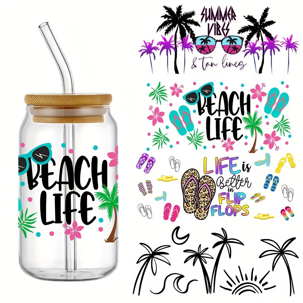 TEMU 4pcs Beach-themed Uv Dtf Cup Wraps - Waterproof, Scratch-resistant Decals For 16oz Glass Cans, Diy Tropical Flamingo & Palm , Self-adhesive