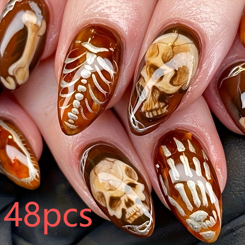 TEMU 48pcs Halloween Almond-shaped Press-on Nails - Scary White Skeleton Design With Glossy Red & Golden Accents, Medium Length Reusable Fake Nails