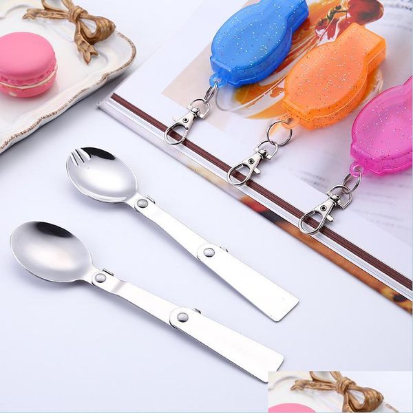 Spoons Stainless Steel Dinner Spoon Outdoors Portable Coffee Fork Fold Soup Ladle Boxes Dinnerware Kitchen Accessories Pretty 2 7Ys Dh1Xu