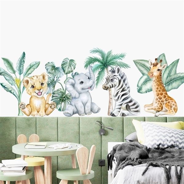 Wall Stickers Cartoon African Animals Lion Tropical Leaves Watercolor Nursery Wall Sticker Peel and Stick Wall Decals Kids Room Home Decor 2