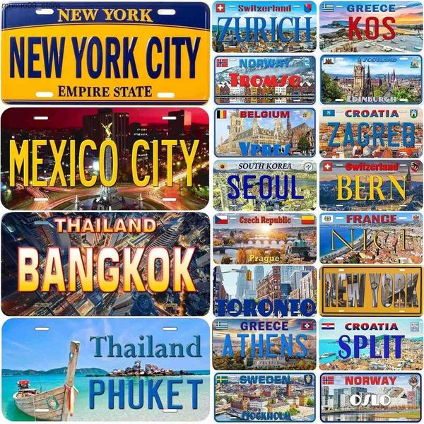 Decorative Plates Vintage City License Plate New York Bangkok Zurich Athens Toronto Metal Aluminum Sign Metal Car Tag For Garage Bar Wall De