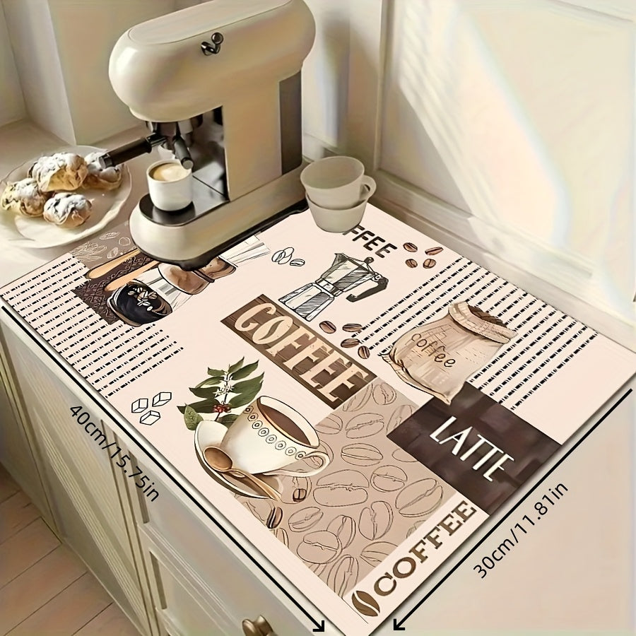 TEMU 1pc Exquisite Print Coffee-themed Polyester Dish Drying Mat With Non-slip Rubber Backing, Super Absorbent Countertop Pad For Dishes,