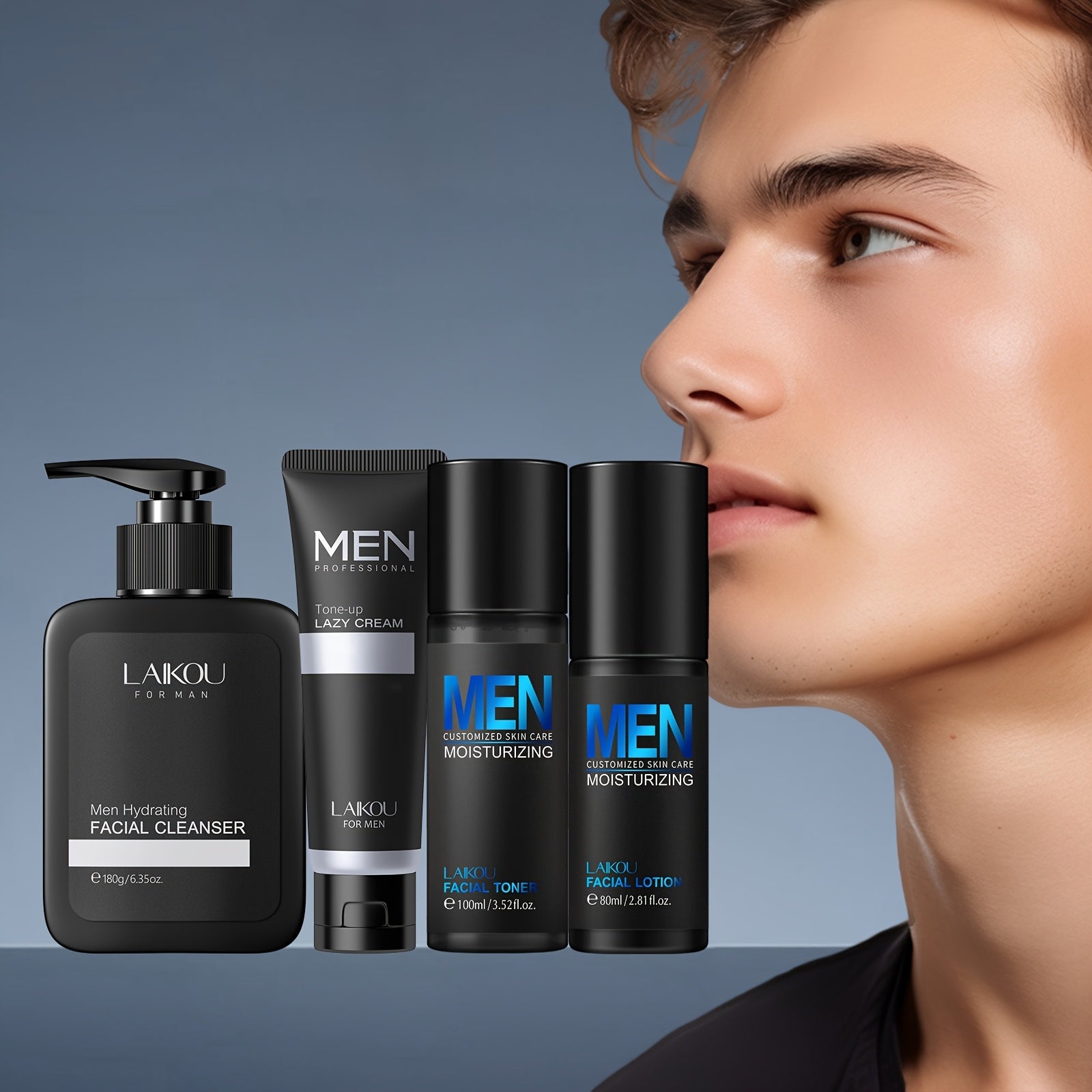 TEMU 4pcs Men Facial Skin Care Set Facial Cleanser 6. Facial Lotion 2.81fl.oz 3.52fl.oz Lazy Cream 1.76oz, & Moisturizing Series, Gift For Brother