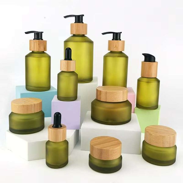 Natural Bamboo Perfume Green Glass Empty Cream Lotion Jar 15Ml-200Ml DIY Cosmetic Containers Shampoo Pump Bottle Travel