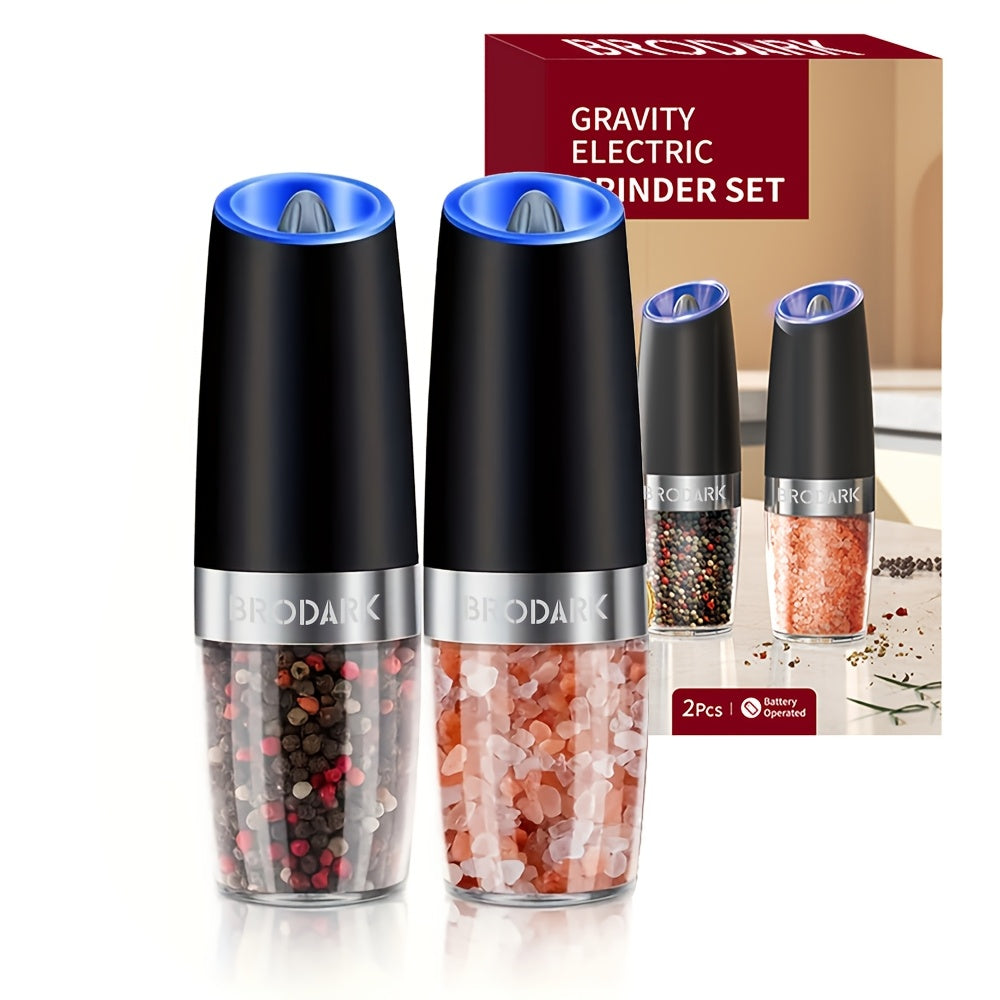 TEMU Brodark 1-2pcs Gravity Electric Salt And Pepper Grinder Set, Battery Powered Led Handautomatic Operation, Adjustable Coarseness Lill Grinders