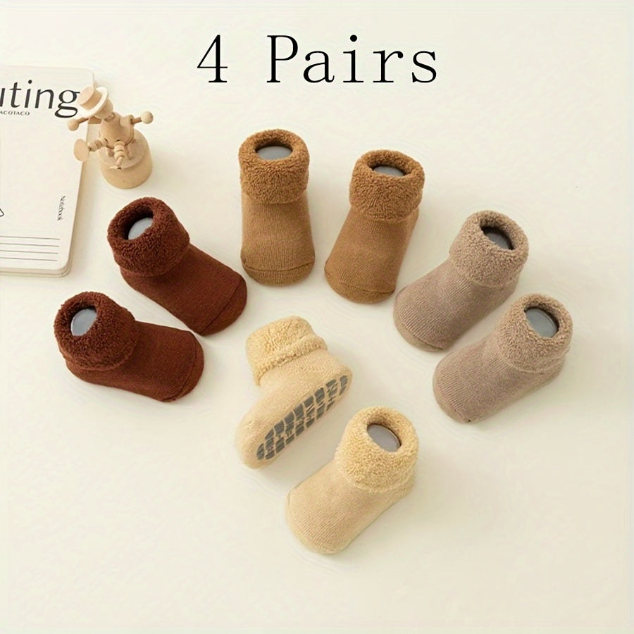 TEMU 4 Pairs Of Soft And Socks With Non-slip Grips For Fall-winter - Suitable For Infants 12 Months And Under