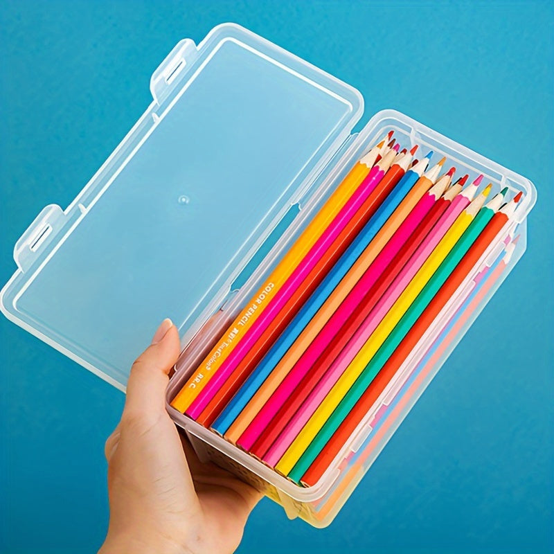 TEMU Large Capacity Transparent Plastic Pencil Box With Tension-mount Lid - Durable Portable Storage Organizer For Oil Pastels, Crayons, Markers &
