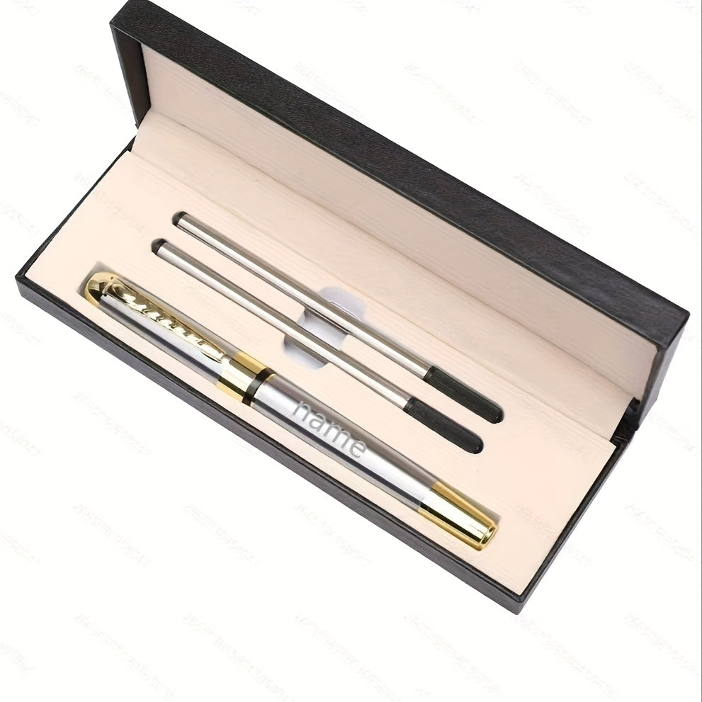 TEMU 1 Set Of Luxury Personalized Metal Ballpoint Pens With 2 Refills And Gift Box - Black And Silvery, Engraved With Name, Office And Business Men's