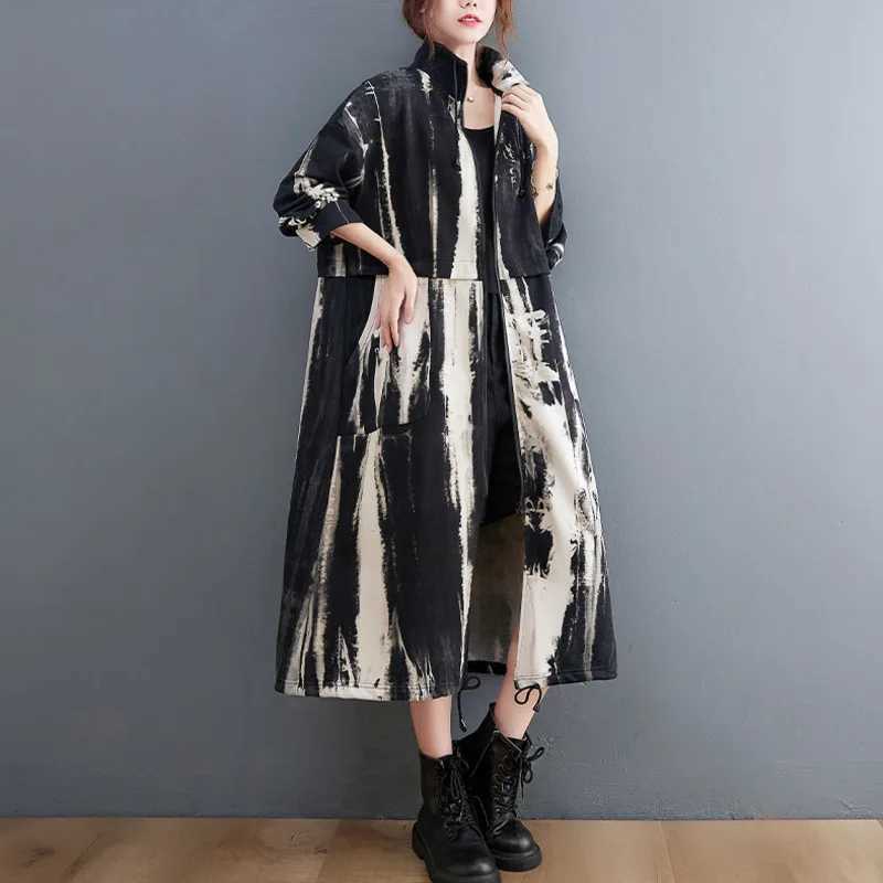 #3707 Tie Dye Printed Trench Coat Women Loose Stand Collar Windbreaker Coat Ladies Pockets Vintage Long Trenchcoat Female ZipperX240921