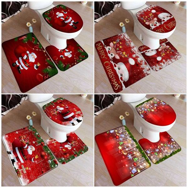 Red Christmas Bath Mat Set Santa Claus Elk Green Pine Branch Christmas Ball Home Carpet Anti slip Bathroom Decoration Carpet Toilet Cover M2