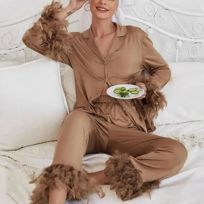 2 Pcs Women Sleepwear Set Long Sleeve and Pants Pajama Elegant Plain Pant Button Front Blouse 240226