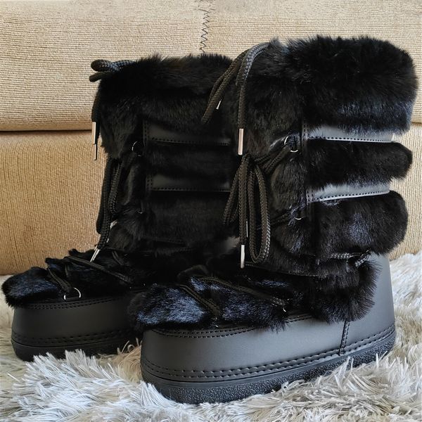 Y2k Black For Women Snow 2024 Winter Fluffy Fuzzy Furry Faux Fur Waterproof Mid-Calf Boots
