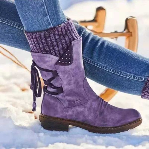 Women Autumn Winter Mid-calf Boots Flock Shoes Ladies Fashion Snow Boots Shoes Thigh High Warm Boots Shoes for Women