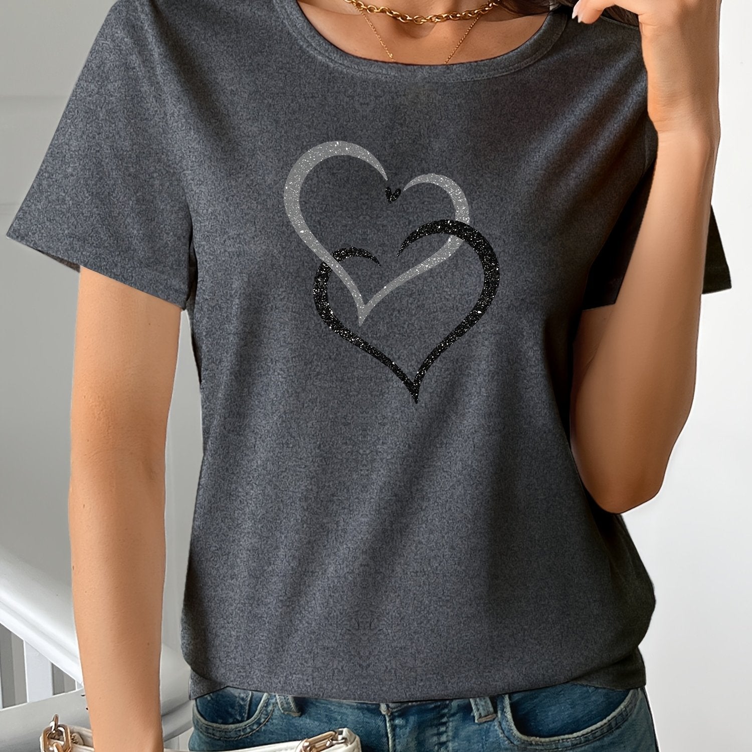 TEMU Women's Soft Knit Short-sleeve T-shirt Heart Graphic Print - Casual Round Neck, Lightweight Polyester Fabric, In White & Colors, Ladies T Shirts