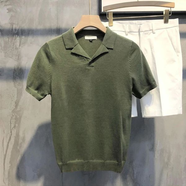 2024 Summer Casual Polo Collar Knit Tops Men Fashion Solid Color Breathable Knitting Polo Shirts Short Sleeve V Neck Mens Polos 240809