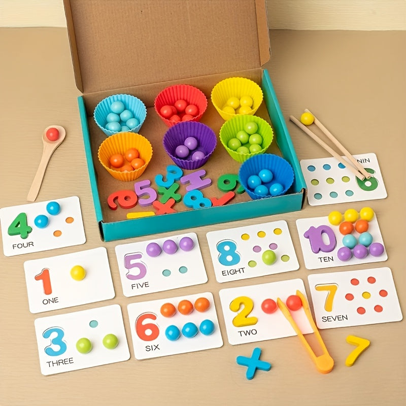 TEMU Wooden Colorful Digital Puzzle And Bead Pairing Game Toys Set, To Help Fine Motor Skills, With Colorful Beads, Matching Cards For Cognitive