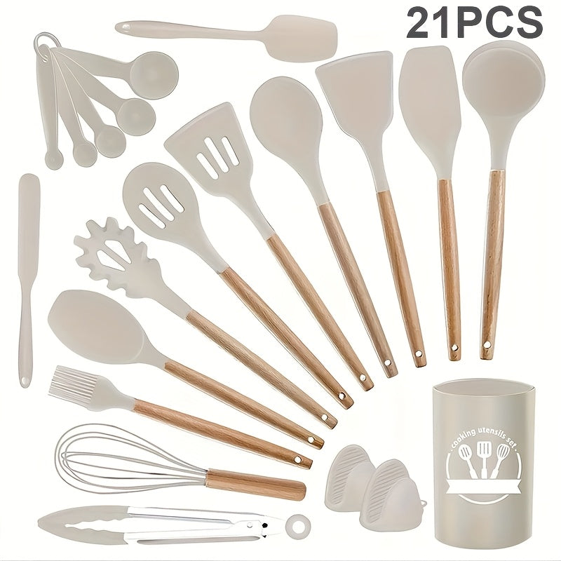 TEMU 21pcs Silicone Kitchen Utensils Set With Heat-resistant (356°f) Wooden Handles - Heavy-duty Baking & Cooking Tools, Spatula, Whisk, Tongs,