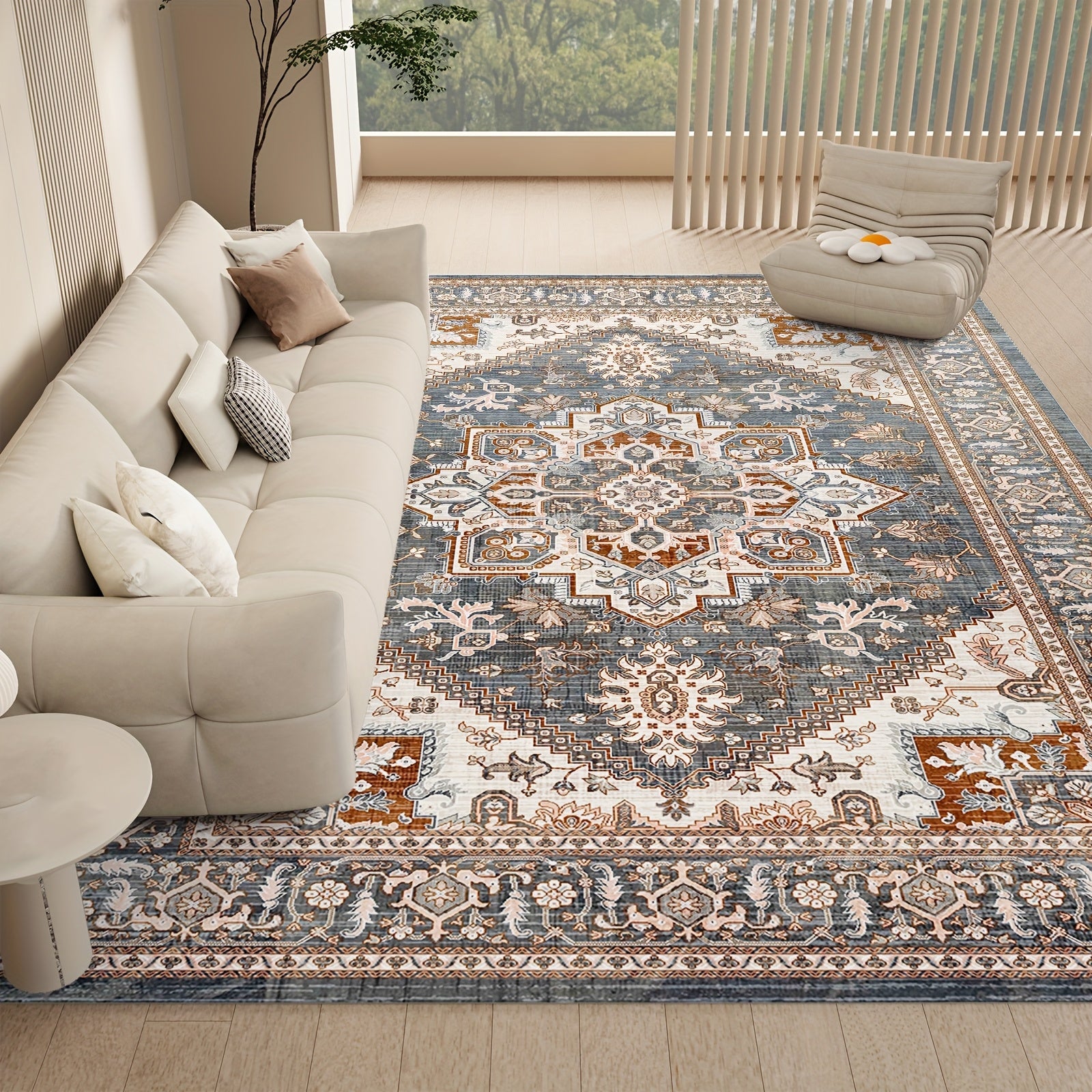 TEMU Washable Mat Vintage Medallion Area Mat With Non-slip Backing, Non-shedding Floor Mat For Living Room Bedroom Kitchen Laundry Home Office, Brown