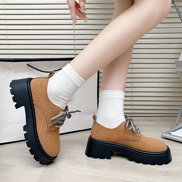 Shoes for Women Lace Up Autumn Womens Pumps Round Toe Solid Flock Platform Water Proof Dress Versatile Loafers 241014