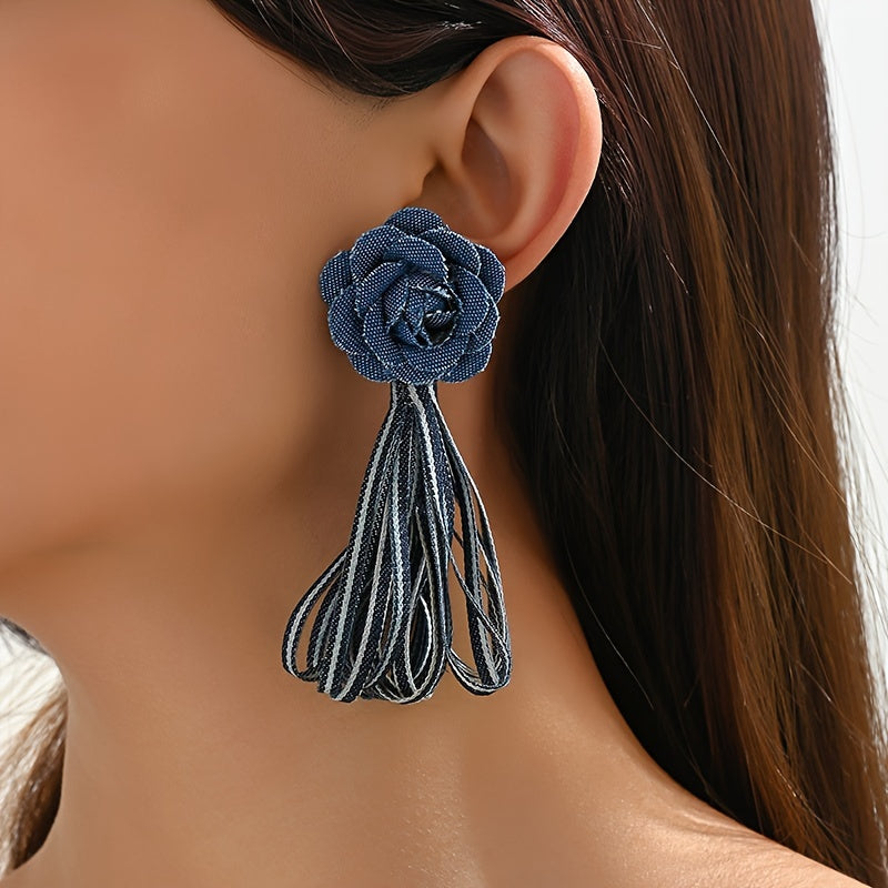 TEMU Flowy , Elegant Long Tassel Floral Earrings For Women - Stainless Steel Posts, Acrylic Fiber, Parties & Casual Attire, 3d Flowers