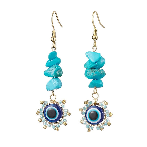 Evil Eye Synthetic Turquoise Chip & Seed Beads Dangle Earrings