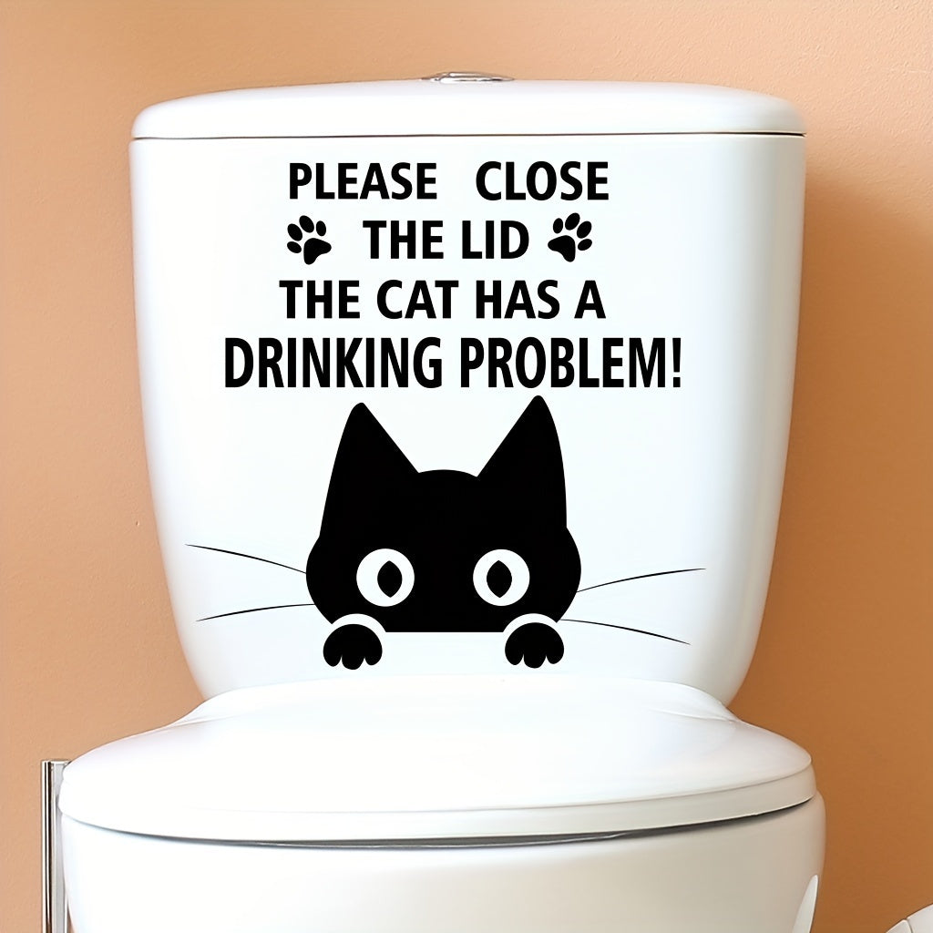 TEMU 1pc Pvc Adhesive Toilet Seat Decal, &;please Close , Has A Drinking Problem! Fun Bathroom Decoration, Black Cat Design, Easy To Apply Art,