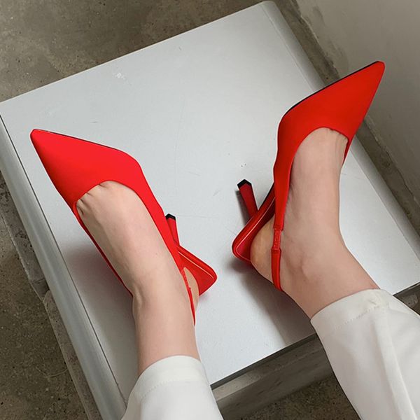 2022 Luxury Pumps Woman Stilleto High Heels Shoes Satin Waterproof Slingback Sandals Ladies Rear Strap Bride Wedding Dress Shoes