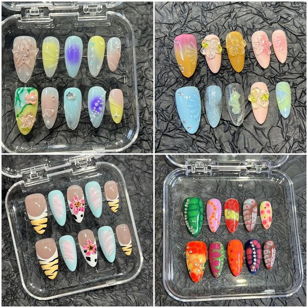 3D Press on Handmade Fake with Charms wer Dia French Acrylic Al Shape False Nails 10pcs-set