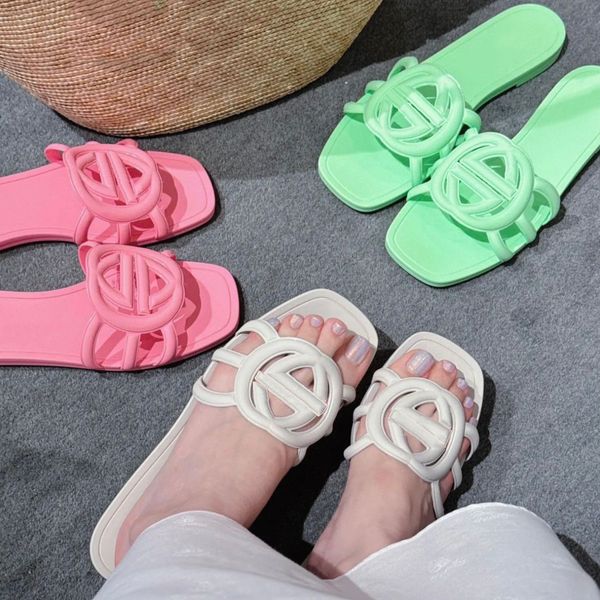 Designer Sandals Women Interlocking Slides Rubber Slippers Ladies Flat Beach Jelly Script Orange Pink Summer Fall Mules Outdoor Waterproof S