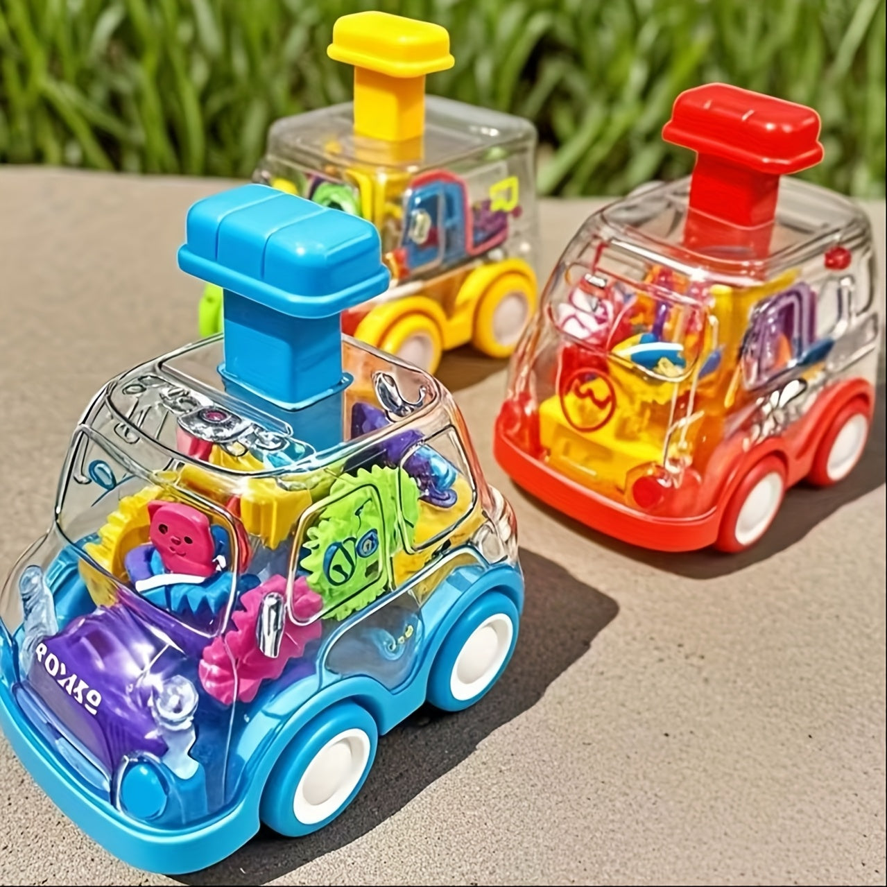 TEMU 3 Sets Of Colorful Transparent Gear Toy Cars - Assembled, Puzzle Pressing & Power Sliding Models For Kids, Ideal Birthday Gifts (blue, Red,