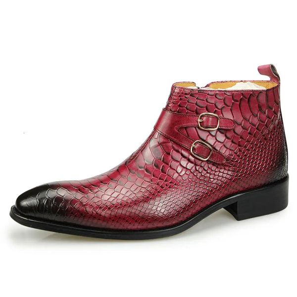Warm Autumn Cow Ankle Zipper Boots Fashion Snake Print Good Quality Business Genuine Leather Dress Shoes for Men Red Black 240703