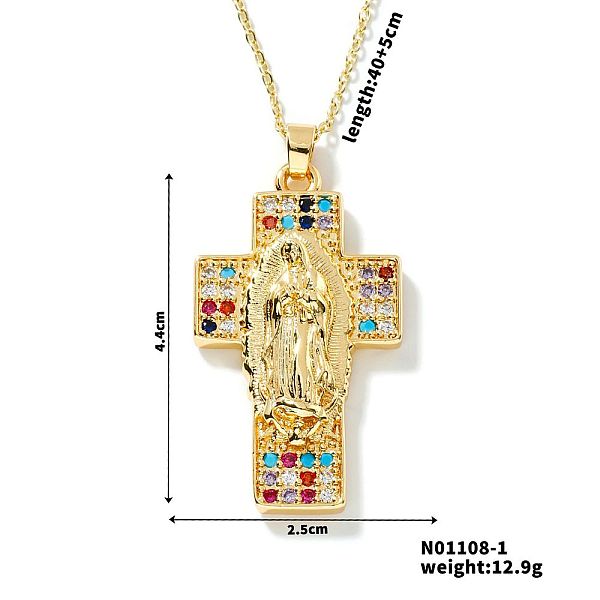 Collares con colgante de cruz de la Virgen María con circonitas cúbicas pavé de latón europeo y americano