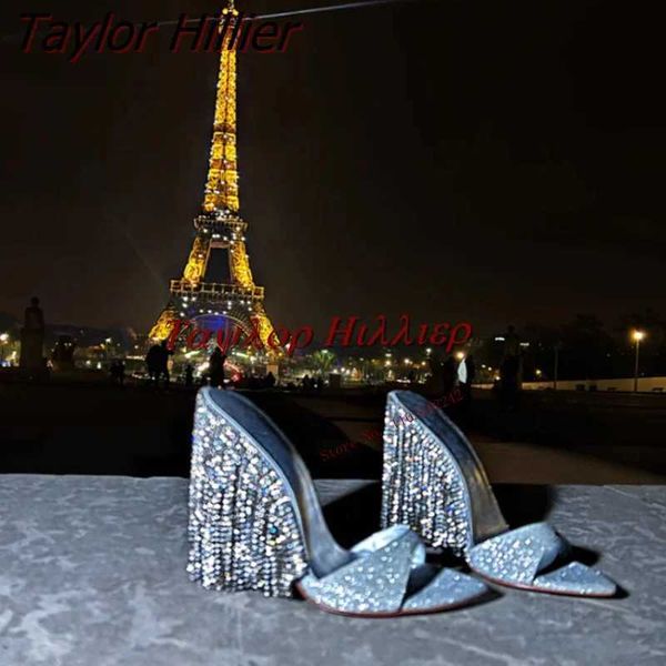 Verão novo chinelos de salto alto de borla de borla pontiagudos de salto alto Sandálias pretas Moda sexy Party Banquet Runway Shoes 46C24121