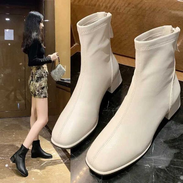 Boots Elastic Socks Boots Women Ankle Boots Women Pumps Heel Thicks Heel Square Toe Short Boots Retro 2024 New Women Shoe Botas Mujer J24110