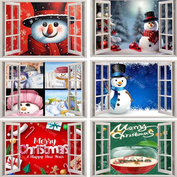 Red Christmas Snowman Window View Christmas Wall Sticker Removable New Year Home Decoration Apple Gift Wall Art DecalsXJ241114