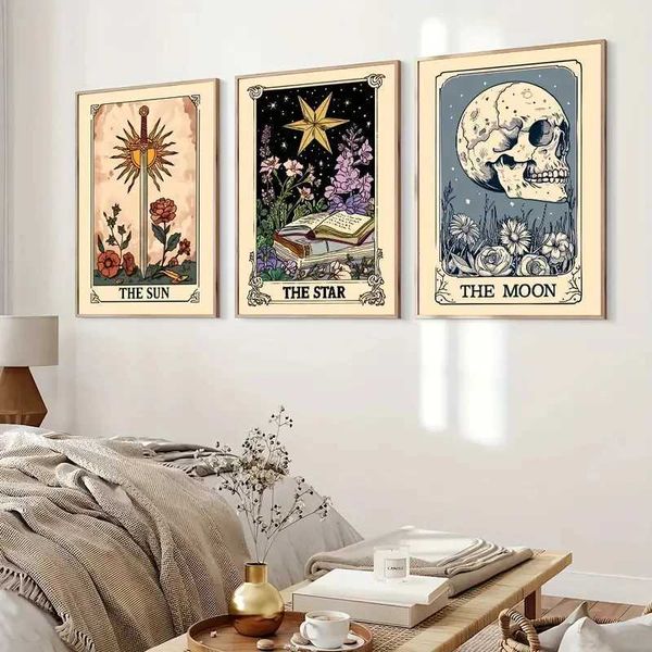 Abstract Bohemian Tarot Card Sun Moon Star Canvas Print Halloween Horror Skull Sword Wall Art Poster Modern Bedroom Home DecorC250121