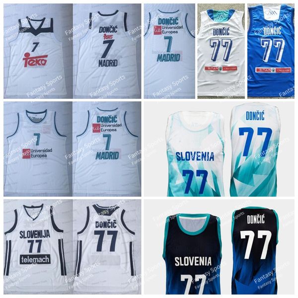 New Mens Slovenia Luka Doncic 77 Basketball Jerseys Blue Unicersidad Europea 7 Madrid White Jersey Shirts S-XXL
