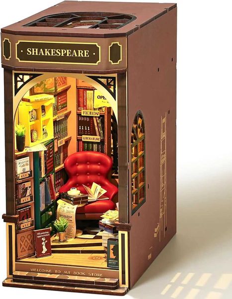 3D Puzzles BookNook Kit 3D Wooden Puzzle with LED Lights DIY Miniature Dolls House Kit Shelf Decoration Christmas Birthday Gift fo