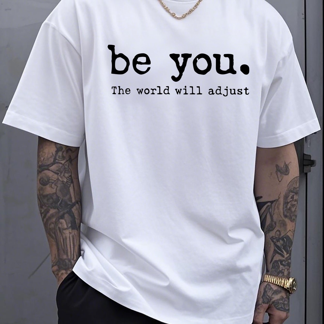 TEMU Fashionable Printed Men's T-shirt, With A That Highlights , Made Of Pure Cotton Material, Combining Solid Color With Vibrant Printing,