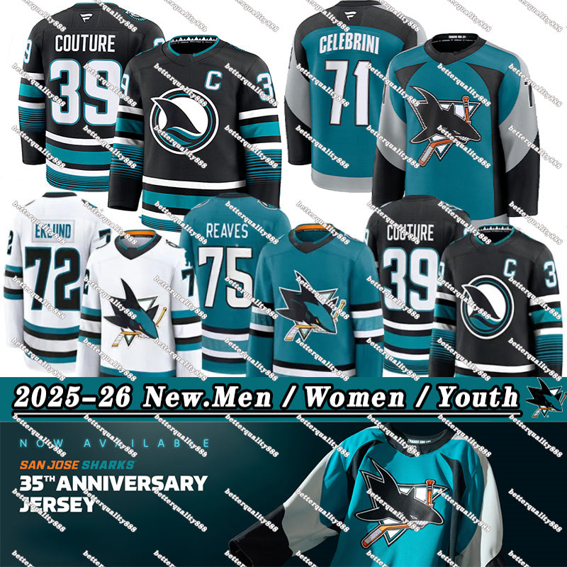2025 New #71 Macklin Celebrini sj hockey jersey sharks jersey #75 Ryan Reaves Michael Misa Georgiev Couture Patrick Marleau Ferraro William Eklund W